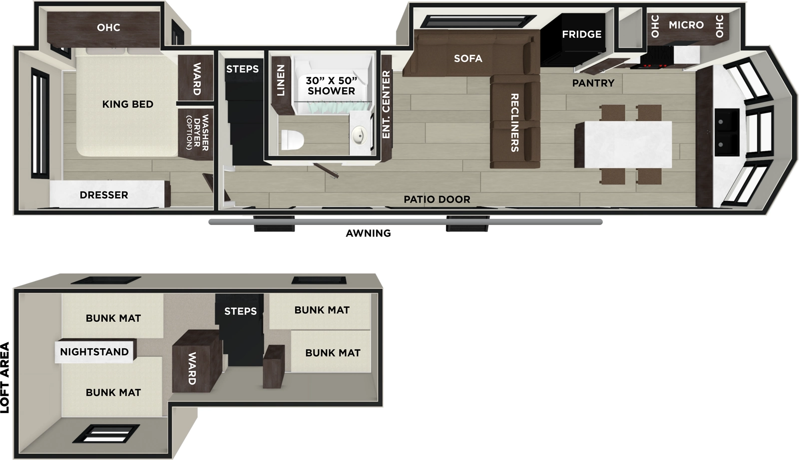 The Salem Villa 40FKP floorplan has two entries and two slide outs. Exterior features include: metal exterior and 22' awning. Interiors features include: loft, front kitchen, kitchen island and rear bedroom.